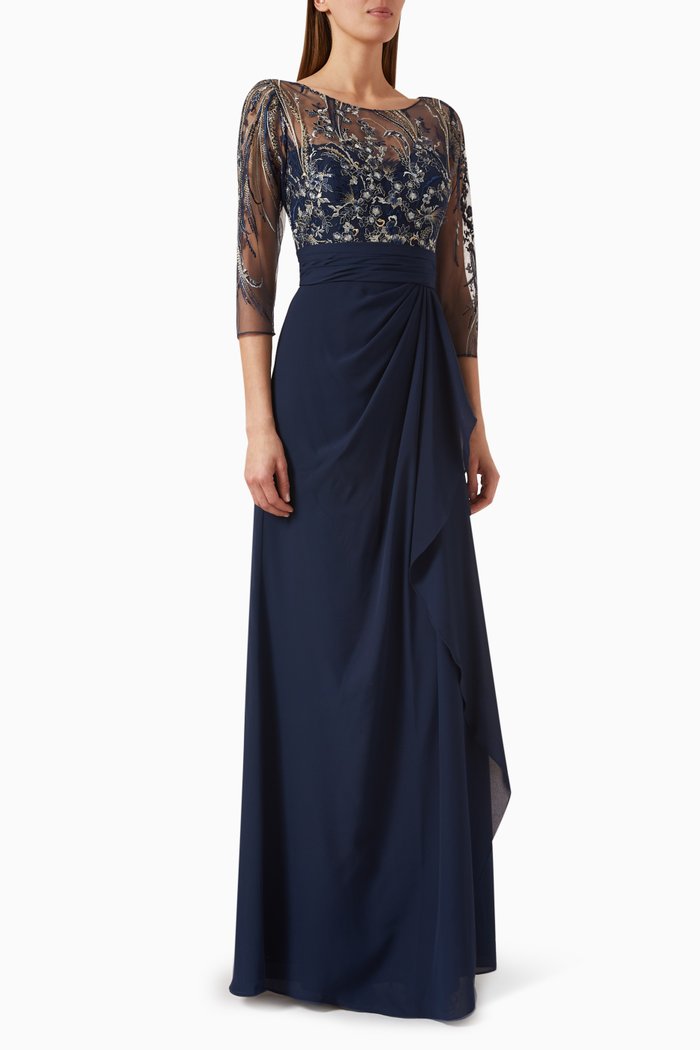 

Lace-bodice Maxi Dress in Georgette, Blue