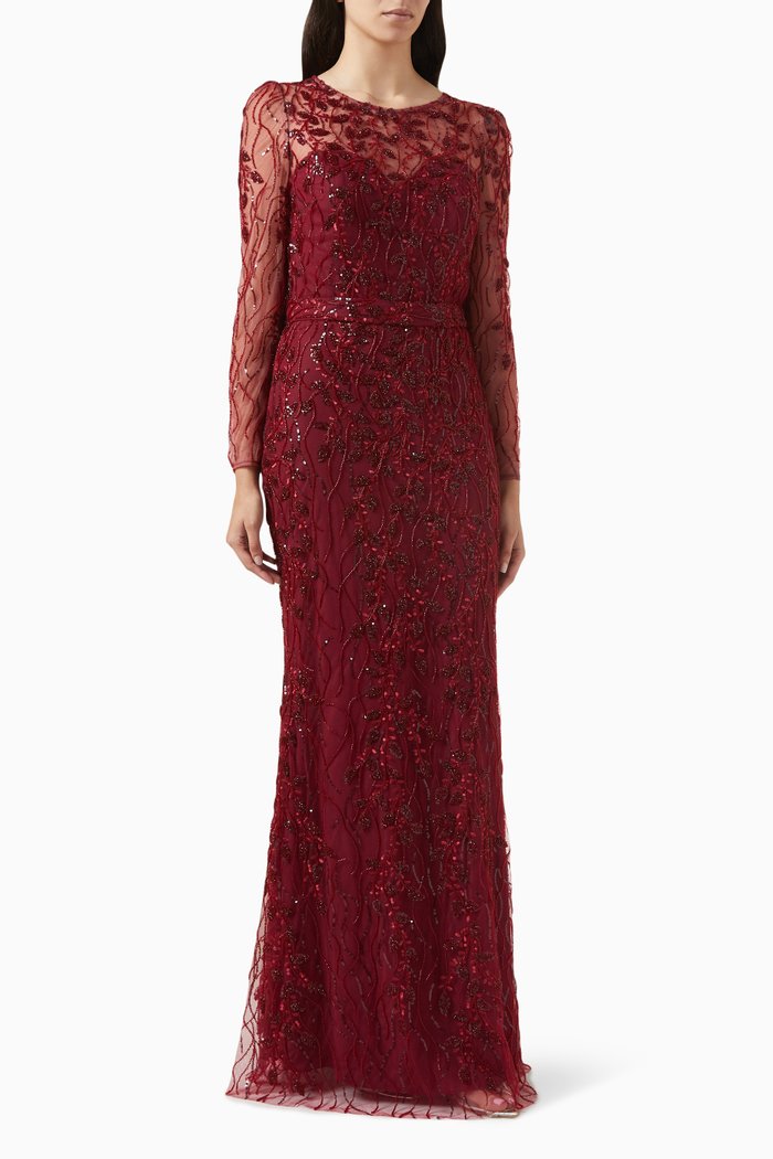 

Bead-embellished Maxi Dress in Tulle, Red