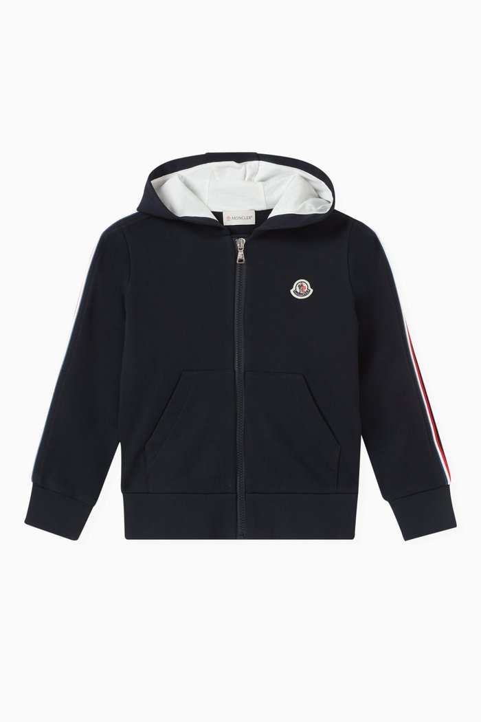 

Tricolour Trim Zip-up Hoodie in Cotton Fleece, Blue