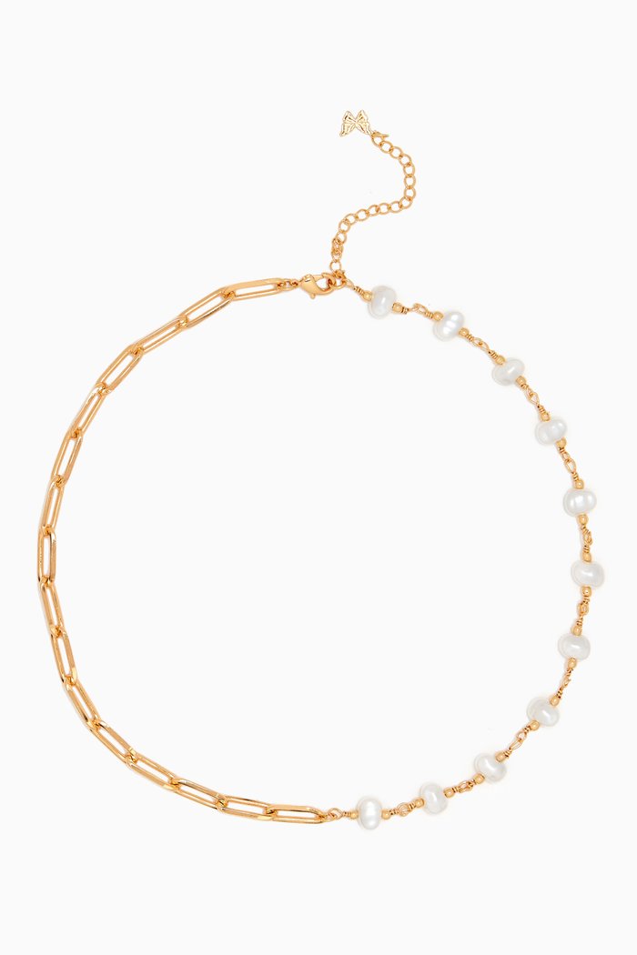 

Paperclip Faux Pearl Chain Necklace in 14kt Gold-plated Brass, Yellow