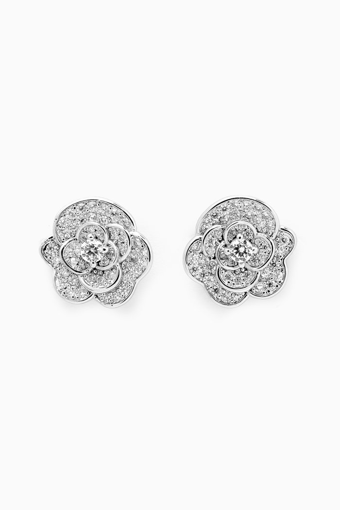 

Pavé Rose Flower Stud Earrings in Brass, Silver
