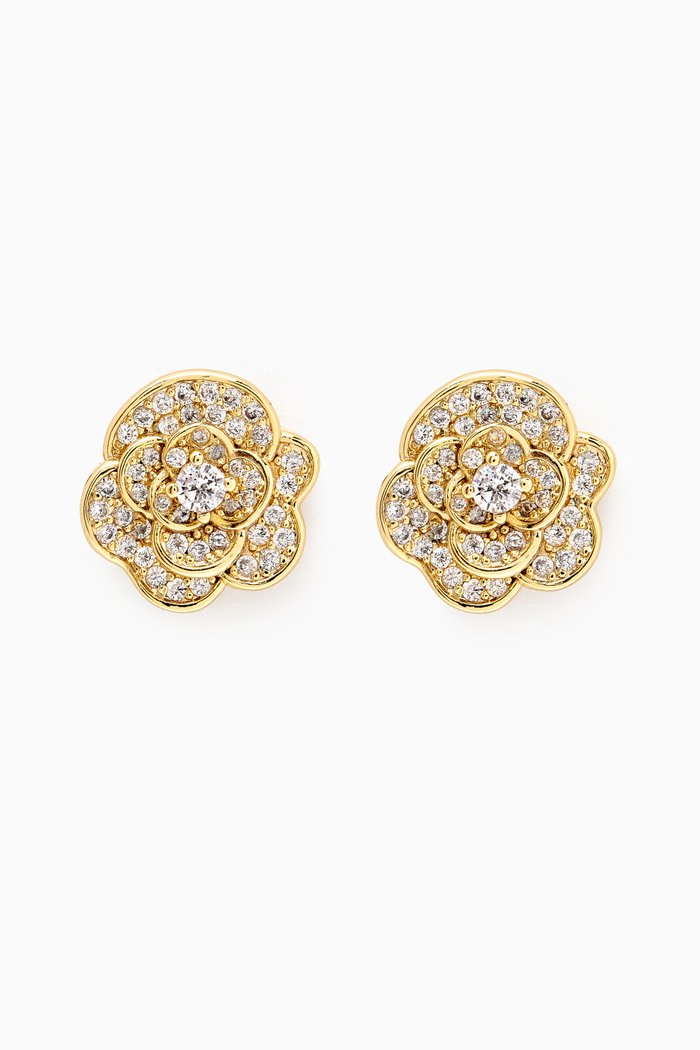 

Pavé Rose Flower Stud Earrings in 14kt Gold-plated Brass, Yellow