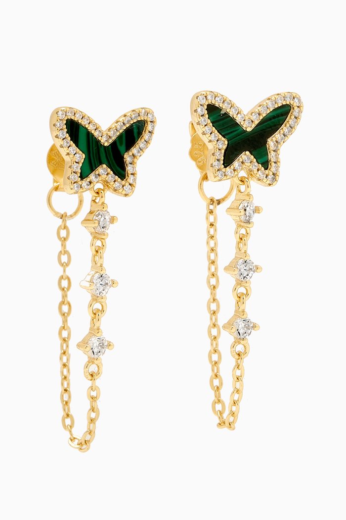 

Butterfly Pavé Malachite Drop Chain Earrings in 14kt Gold-plated Sterling Silver, Green