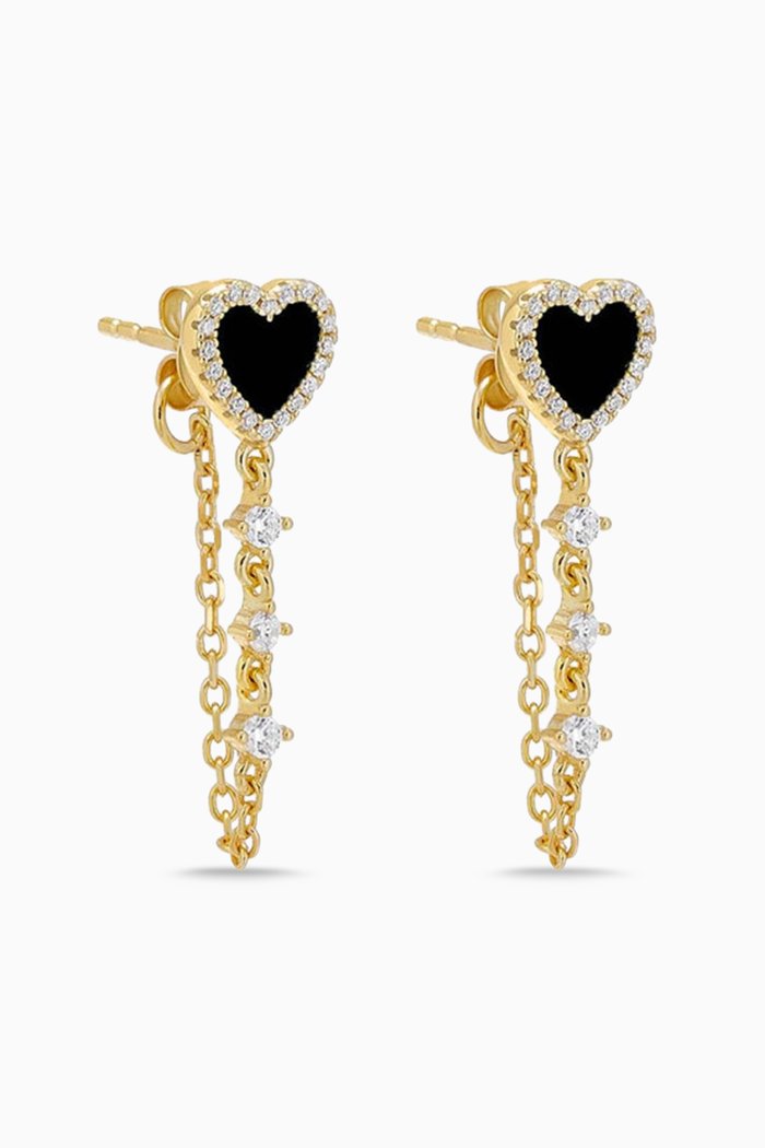 

Heart Pavé Onyx Drop Chain Earrings in 14kt Gold-plated Sterling Silver, Black