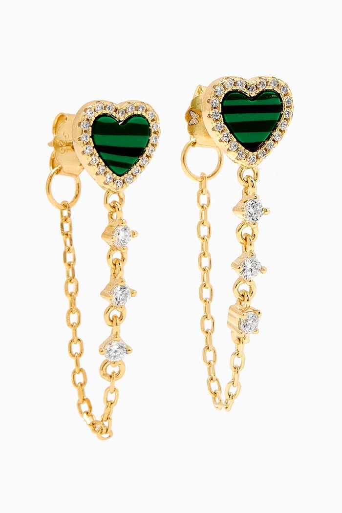 

Heart Pavé Malachite Drop Chain Earrings in 14kt Gold-plated Sterling Silver, Green