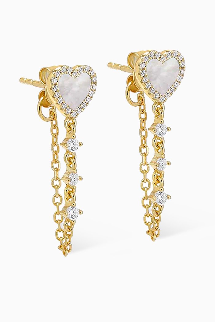 

Heart Pavé Mother-of Pearl Drop Chain Earrings in 14kt Gold-plated Sterling Silver, White