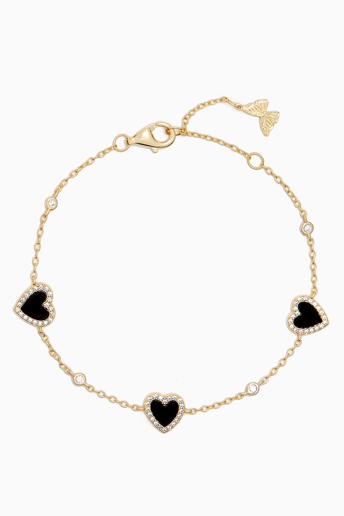 Heart Pavé Onyx Bracelet in 14kt Gold-plated Sterling Silver, Black