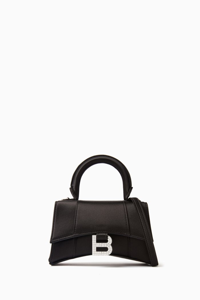 XSmall Hourglass Top Handle Bag in Satin, Black