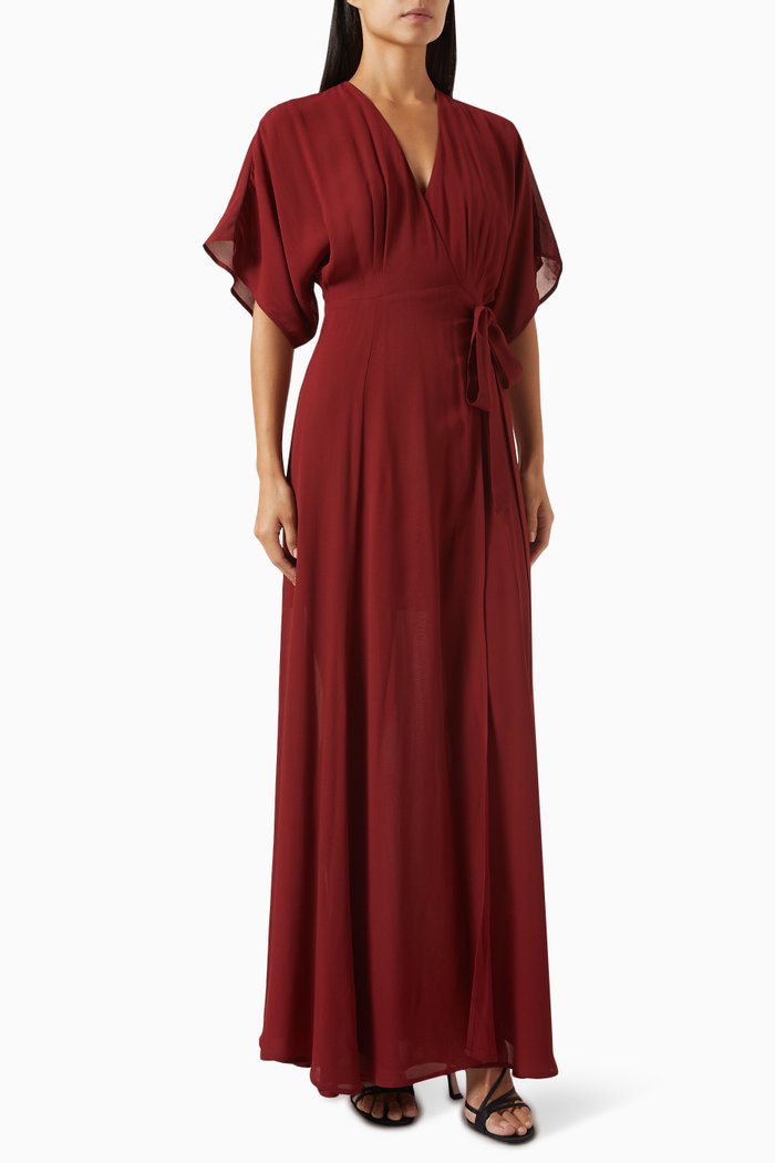 Winslow Draped Wrap Maxi Dress in Viscose, Burgundy