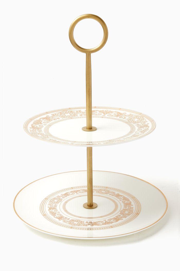 Opera White Two-Tier Serving Platter in Fine Bone China, Gold