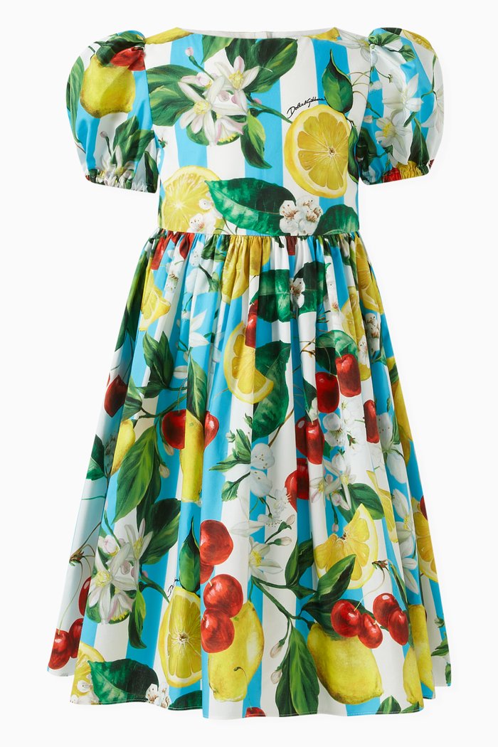 

Printed Puff-sleeve Dress in Cotton, Multicolour
