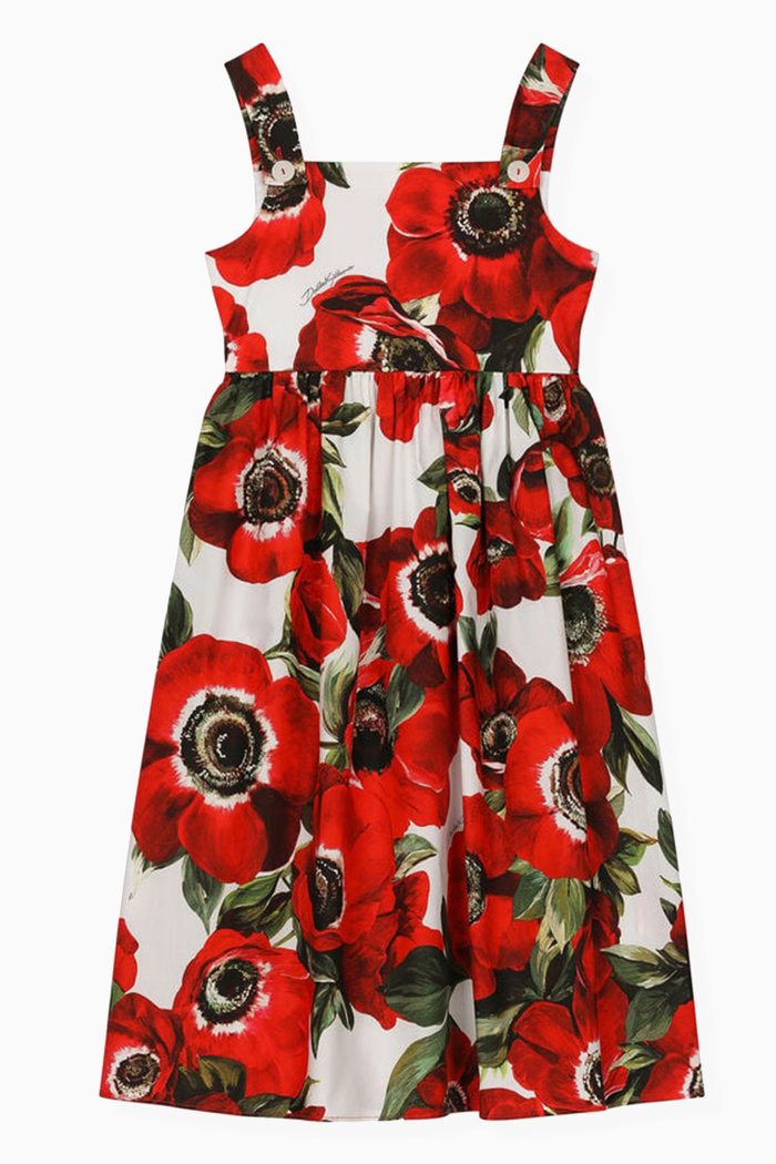 

Anemone-print Midi Dress in Cotton-poplin, Red
