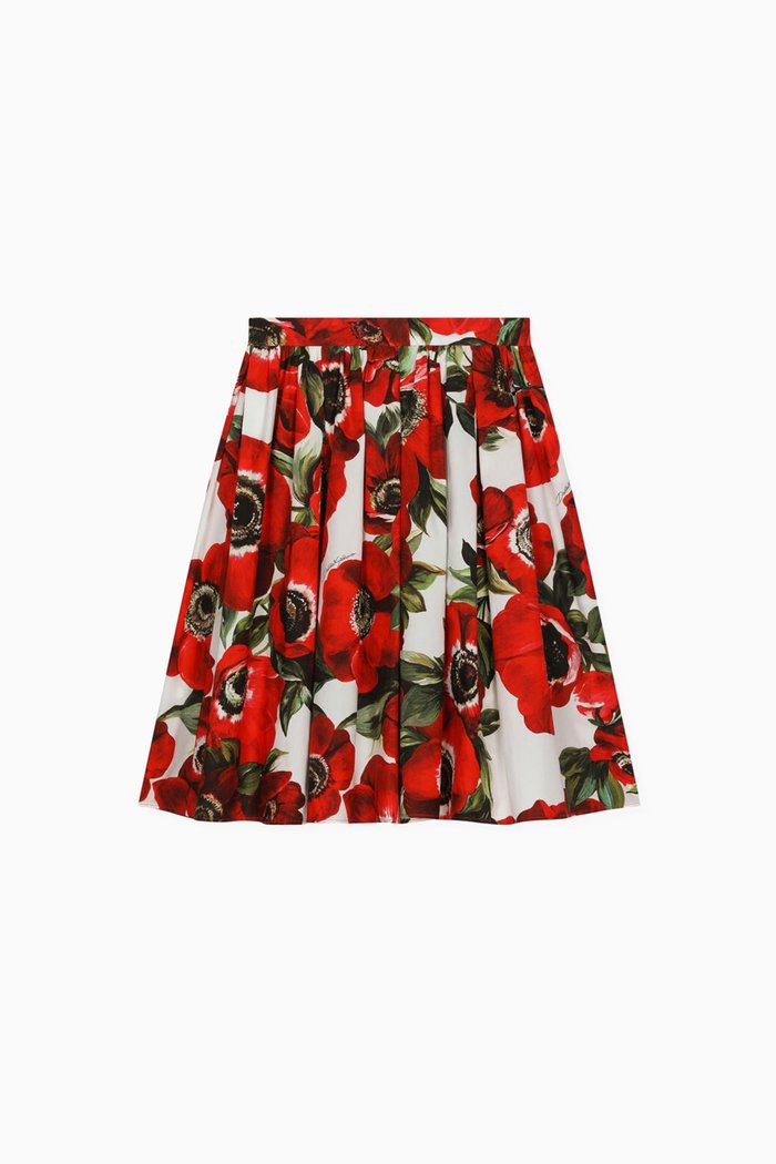 Anemone-print Midi Skirt in Cotton-poplin, Red