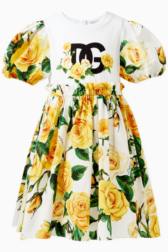 Flowering Rose-print Dress in Cotton, Yellow