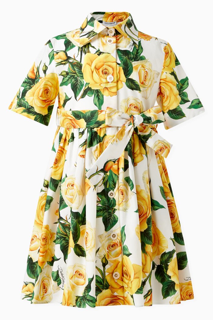 

Rose Print Shirt Dress in Cotton, Yellow