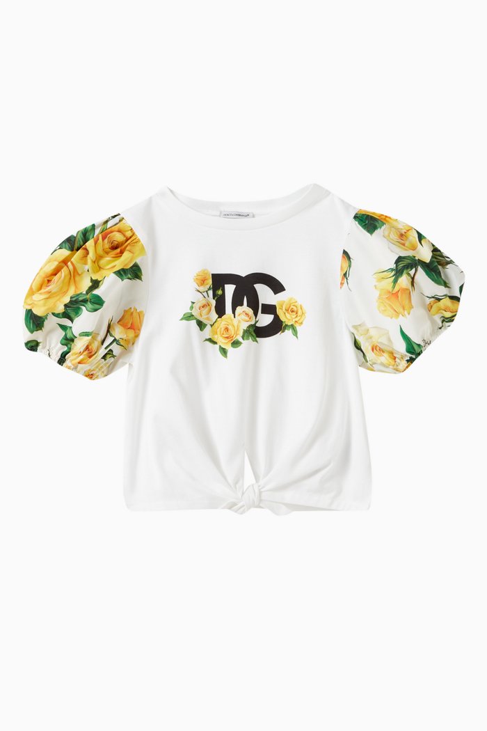 

Flowering Puff-sleeve T-shirt in Cotton, Yellow