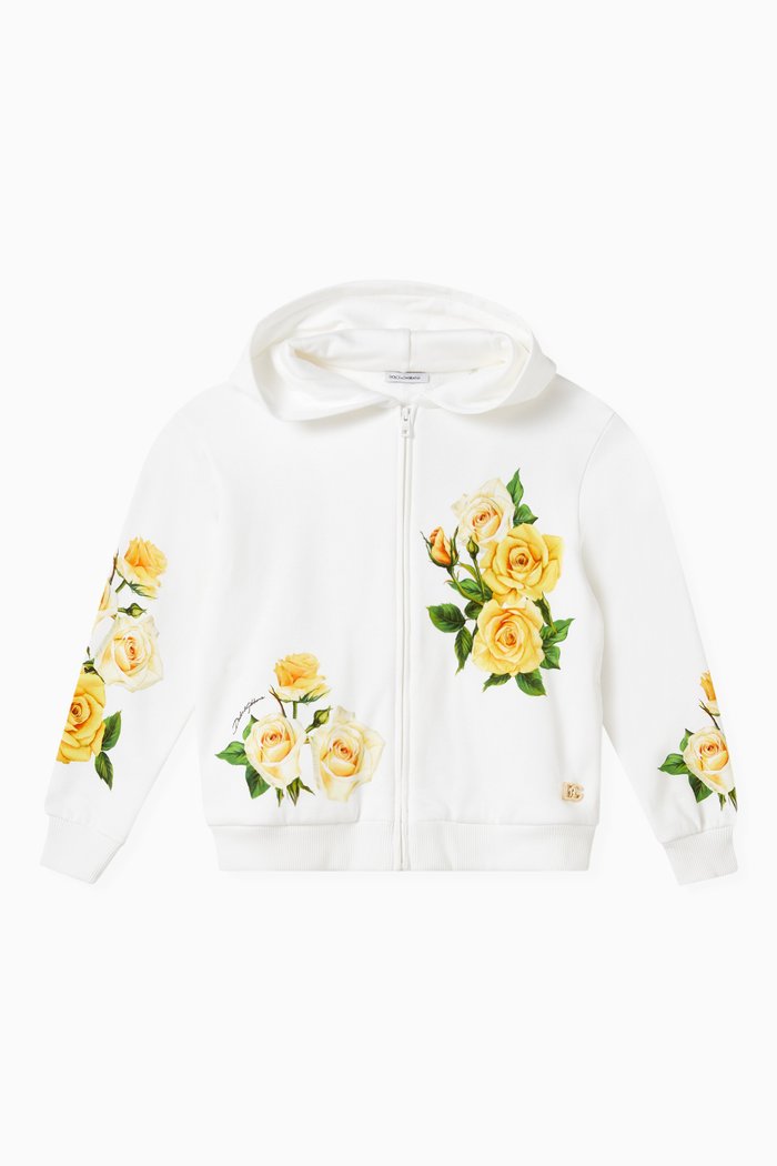 

Rose Print Hoodie in Cotton Jersey, Yellow