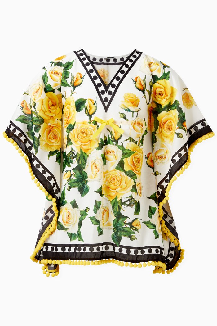 Rose-print kaftan in Cotton, Yellow