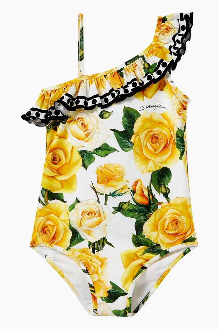 

Rose-print One-piece Swimsuit in Stretch Nylon, Yellow