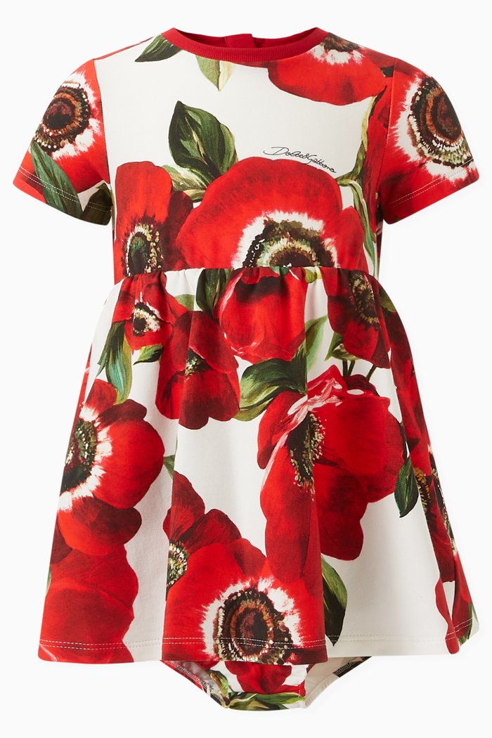 Floral-print Dress in Cotton, Red
