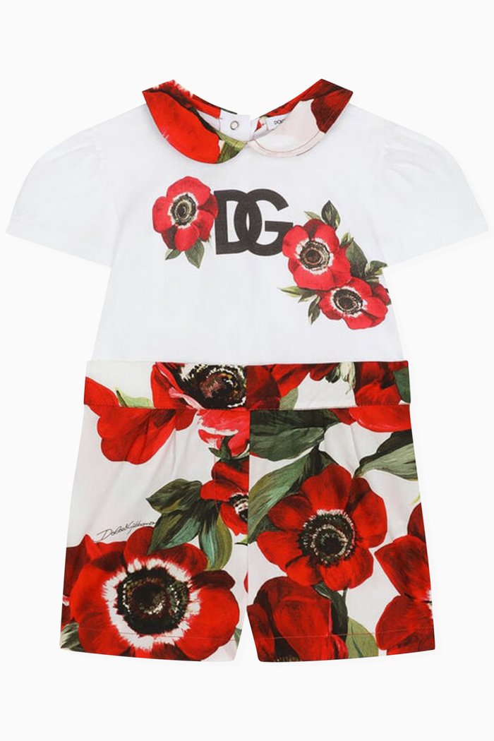 Anemone-print Romper in Cotton, Red