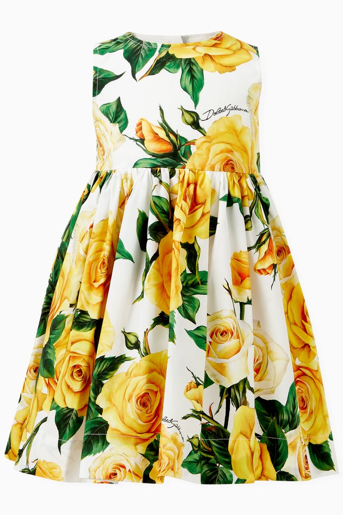 Rose-print Sleeveless Dress in Cotton, Yellow