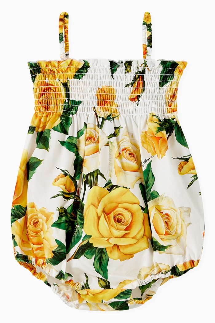 

Rose Print Romper in Cotton Poplin, Yellow