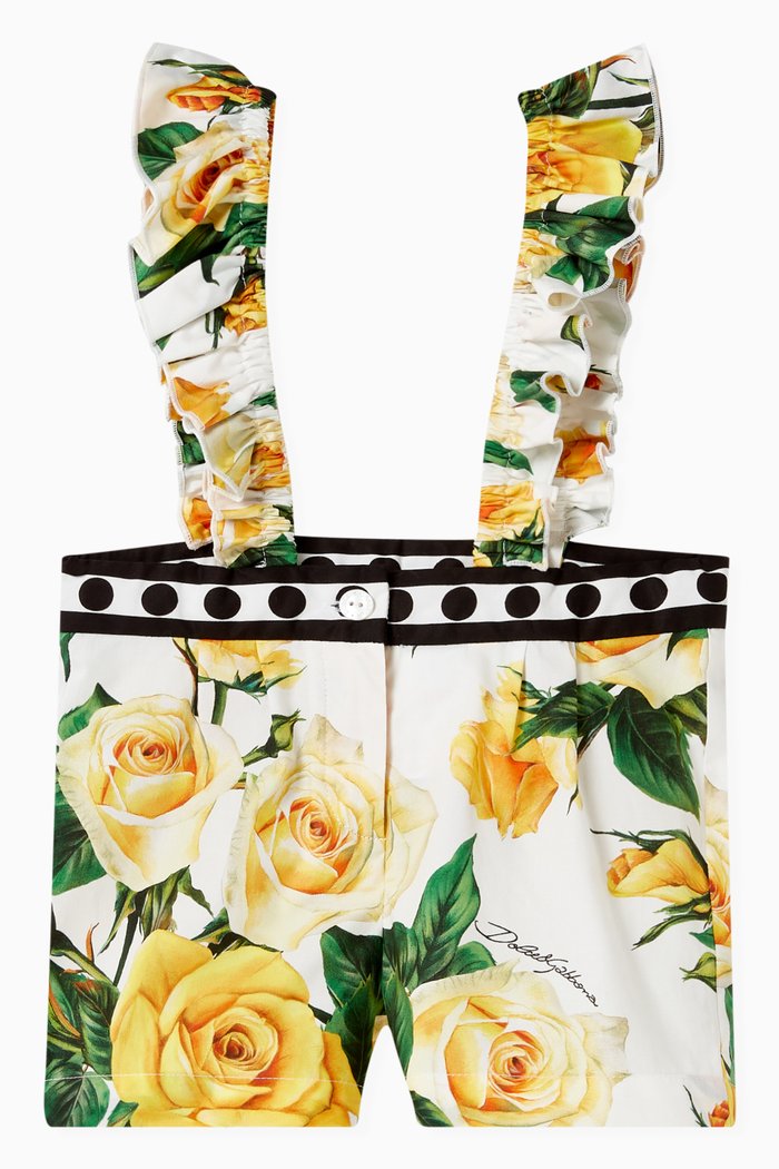

Rose Print Dungaree Shorts in Cotton Poplin, Yellow