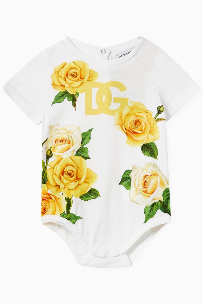 Rose Print Bodysuit in Cotton Jersey, Yellow