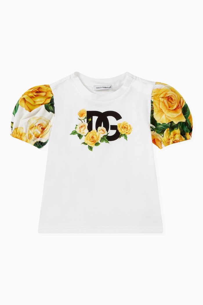 

Rose Print T-shirt in Cotton Jersey & Poplin, Yellow