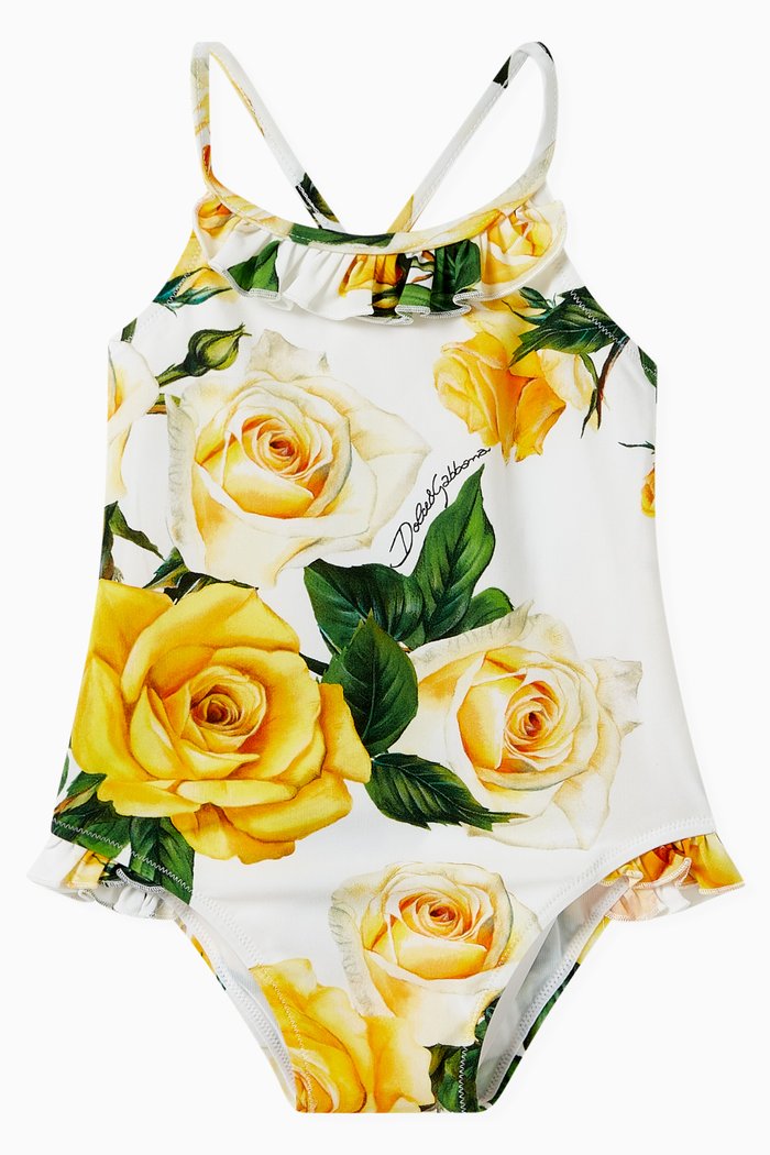 

Rose-print One-piece Swimsuit in Stretch Nylon, Yellow