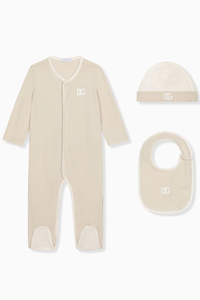 

Romper, Bib and Hat Gift Set in Cotton, Neutral