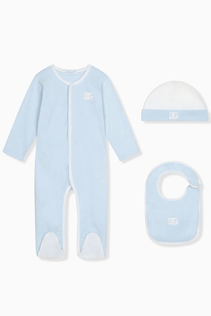

Romper, Bib and Hat Gift Set in Cotton, Blue