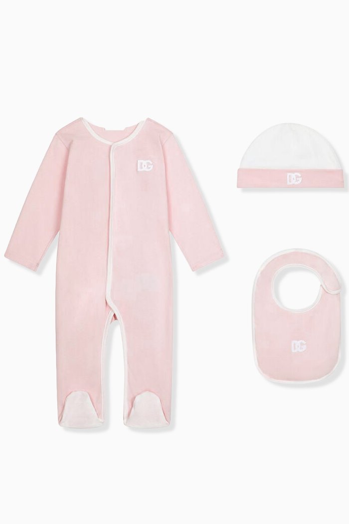 Romper, Bib and Hat Gift Set in Cotton, Pink