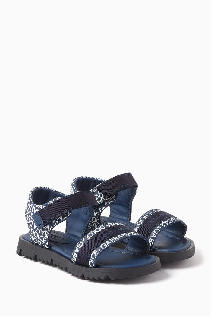 All-over Logo Velcro Sandals in Grosgrain & Leather, Blue