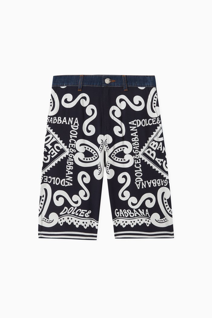 

Marina-print Batik Shorts in Denim & Viscose-blend, Red
