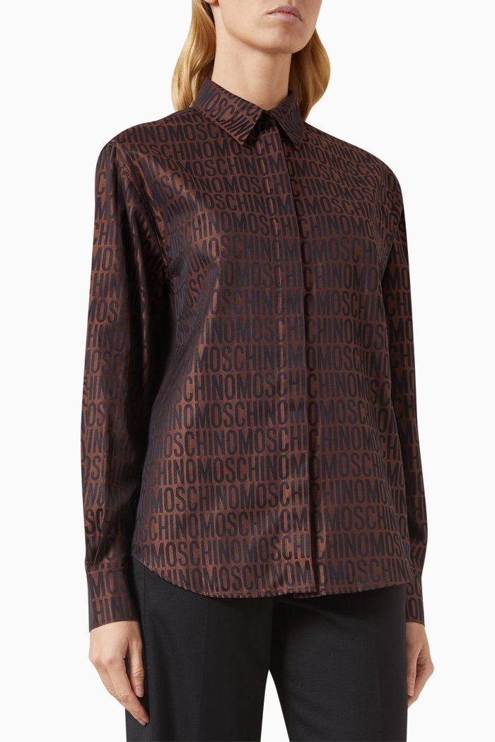 

Logo Print Shirt in Cotton Poplin Jacquard, Brown