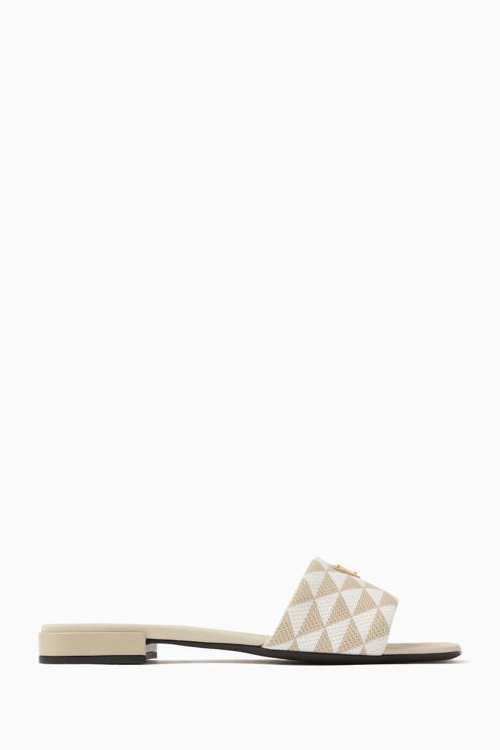 

Triangle Logo Flat Slides in Jacquard & Leather, Neutral