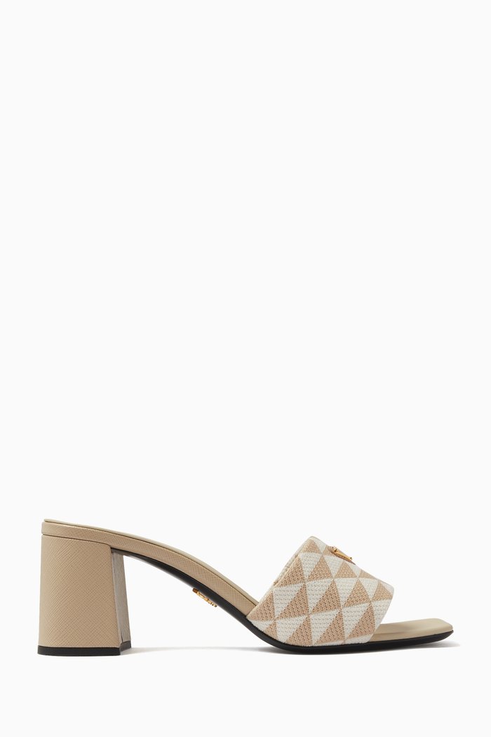 

Triangle Logo 65 Mule Sandals in Jacquard & Leather, Neutral