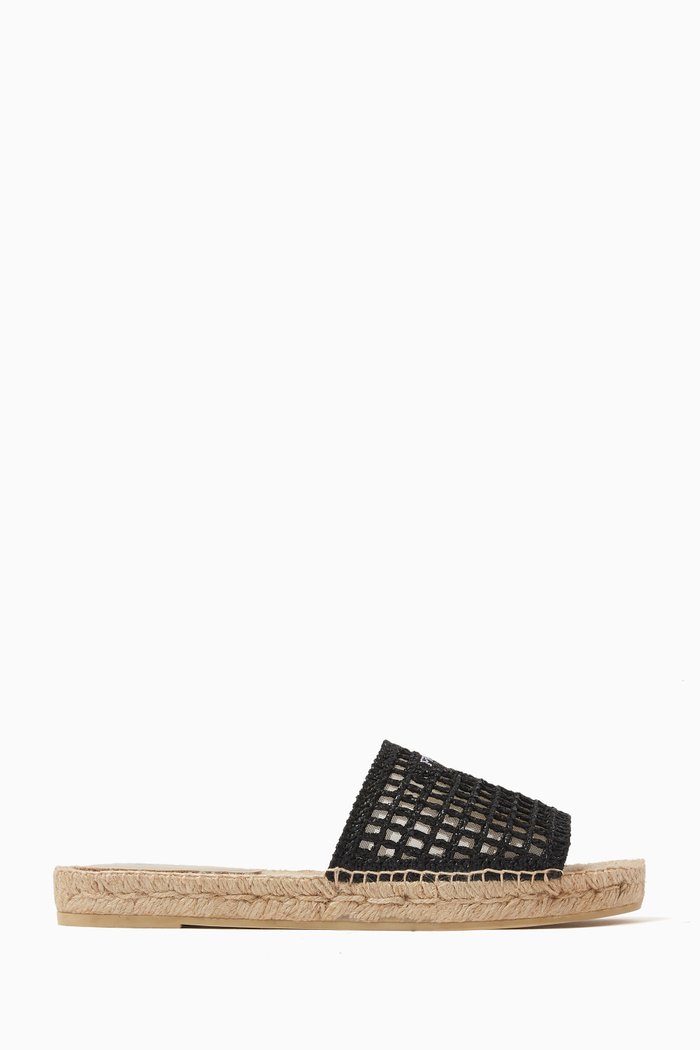 

Logo Espadrille Slides in Woven Fabric & Jute, Black