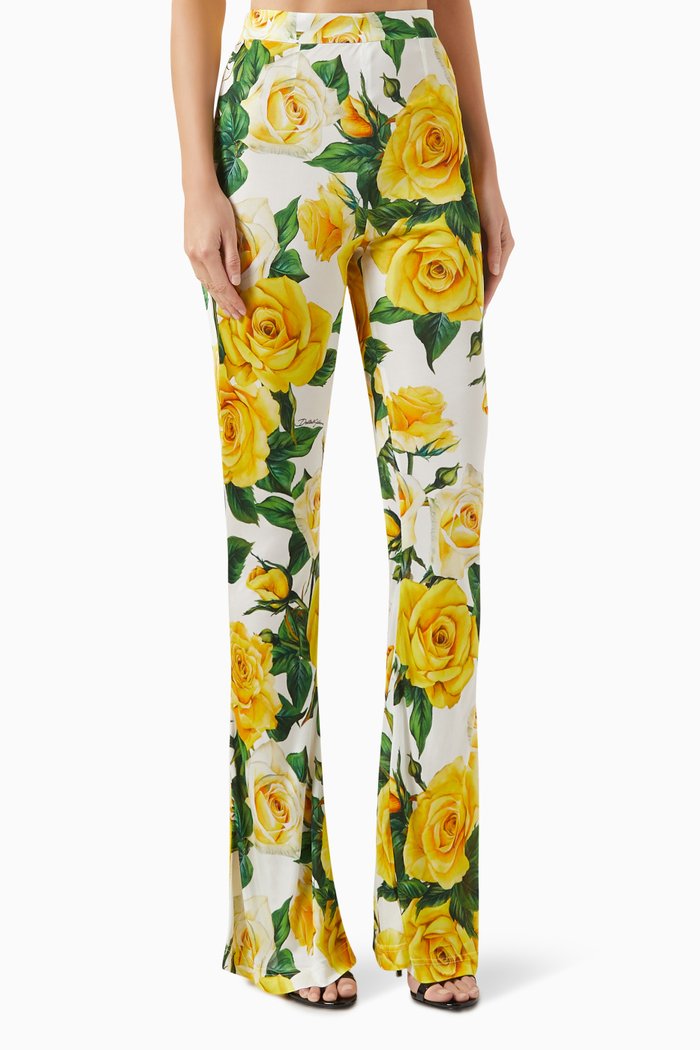 

Floral-print Flared Pants in Organzine, Yellow
