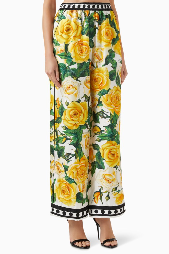 

Floral-print Wide-leg Pants in Silk-twill, Yellow