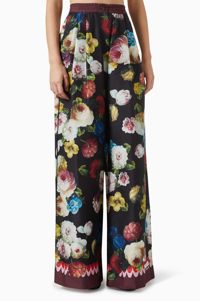 Garden-print Wide-leg Pants in Silk, Multicolour