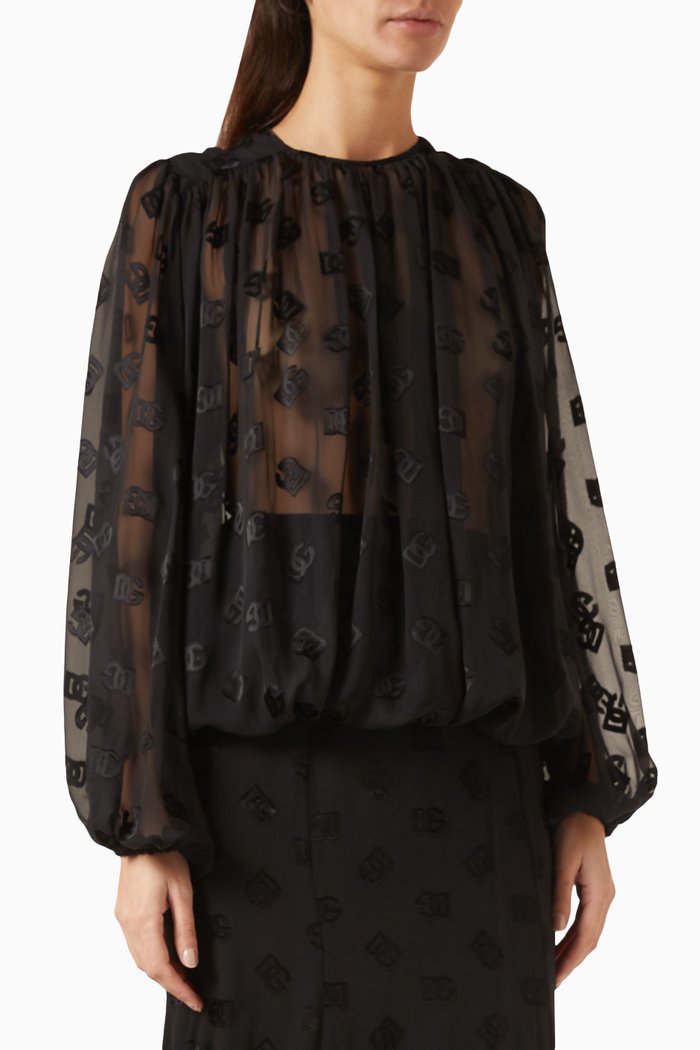 

Allover DG Logo Blouse in Devoré Satin, Black