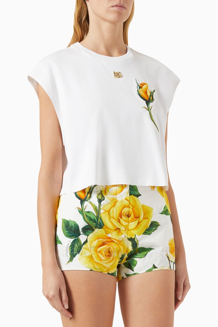 

Rose-appliquéd Crop T-shirt in Cotton-jersey, White