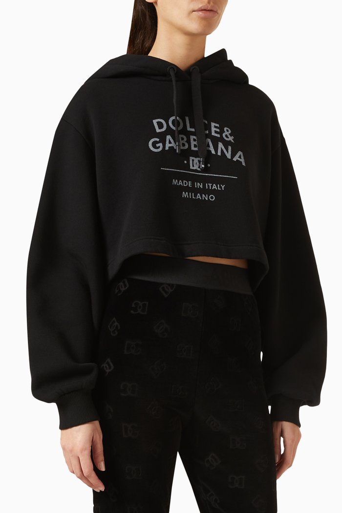 

Logo-print Crop Hoodie in Cotton Jersey, Black