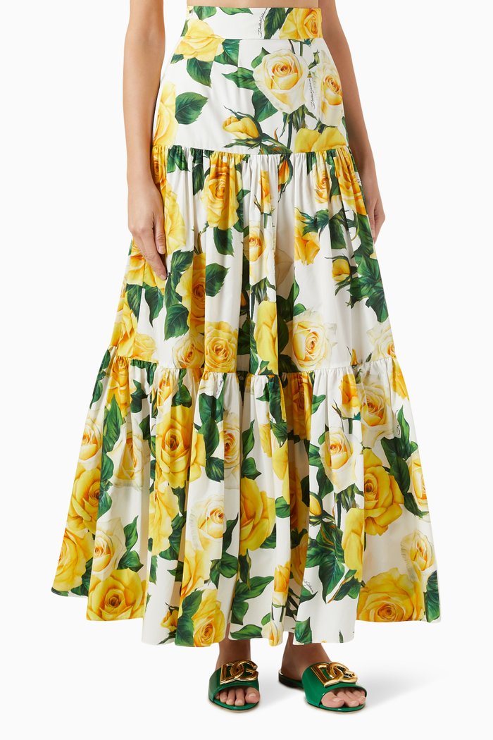 

Floral-print Maxi Skirt in Cotton-poplin, Yellow