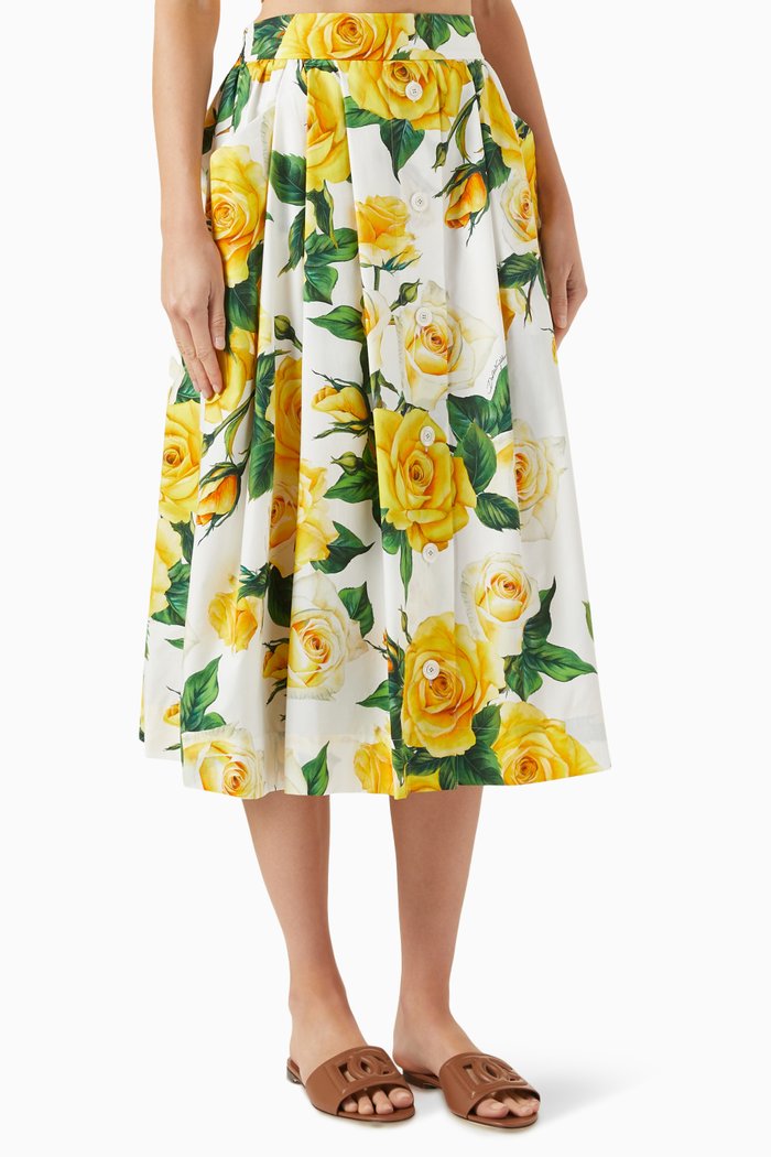 

Floral-print Circle Midi Skirt in Cotton-poplin, Yellow