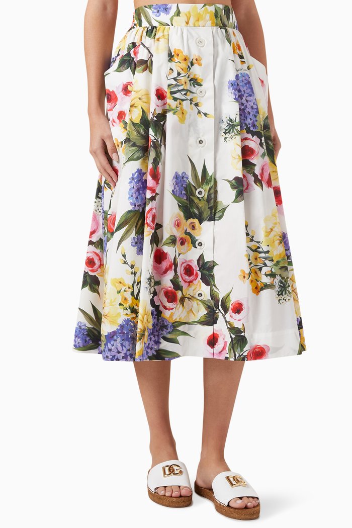 

Garden-print Circle Midi Skirt in Cotton-poplin, White