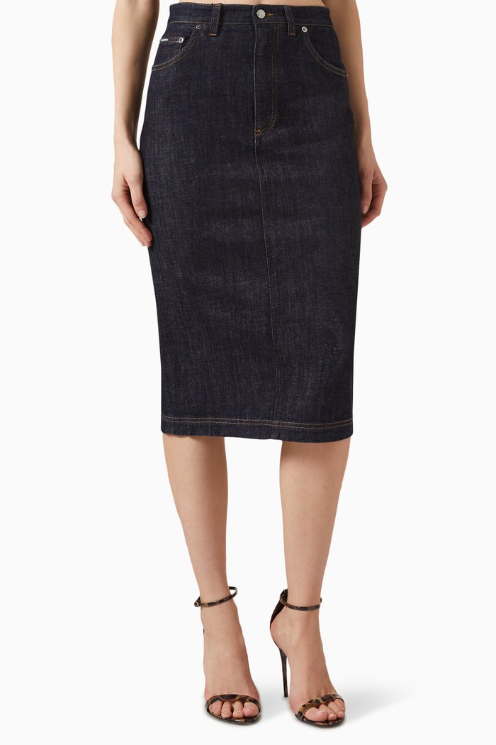 

Logo Metal Plaque Midi Skirt in Denim, Multicolour